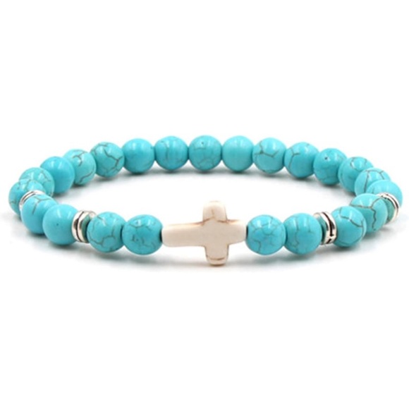 Turquoise Beaded Cross Bracelet – Stretch Elastic Stackable Unisex Jewelry - Picture 5 of 5